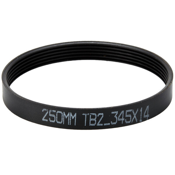A black rubber belt with white text that reads "25mm tb - 434"