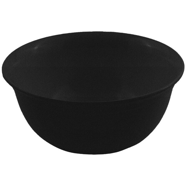 A black Bon Chef round bowl with a speckled finish.