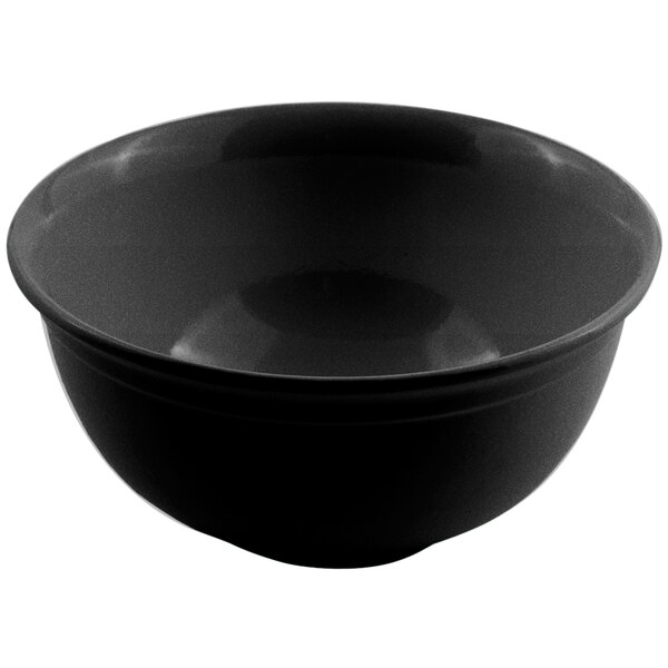 A black Bon Chef cast aluminum bowl with a speckled finish on a white background.