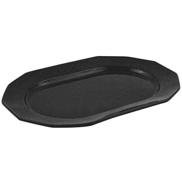 A black Bon Chef cast aluminum long oval tray with a speckled sandstone finish.