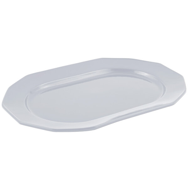 A white rectangular Bon Chef pewter-glo tray with a curved edge.