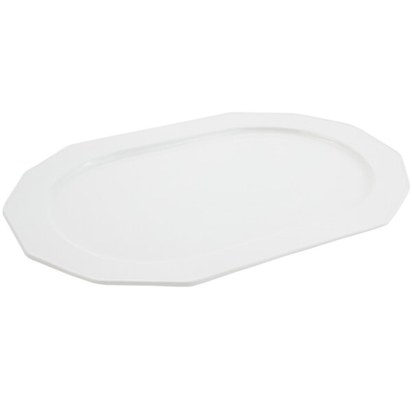 A white cast aluminum long hexagon tray with a curved edge.