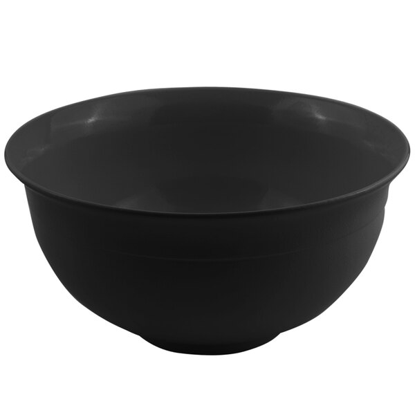 A black Bon Chef tulip bowl with a sandstone finish on a white background.