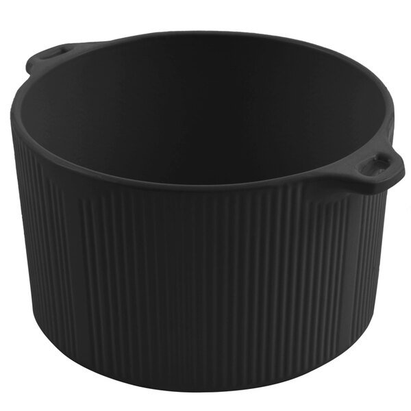 A black Bon Chef cast aluminum pot with two handles.