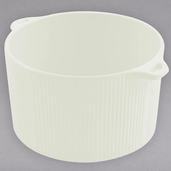 A white round container with handles.
