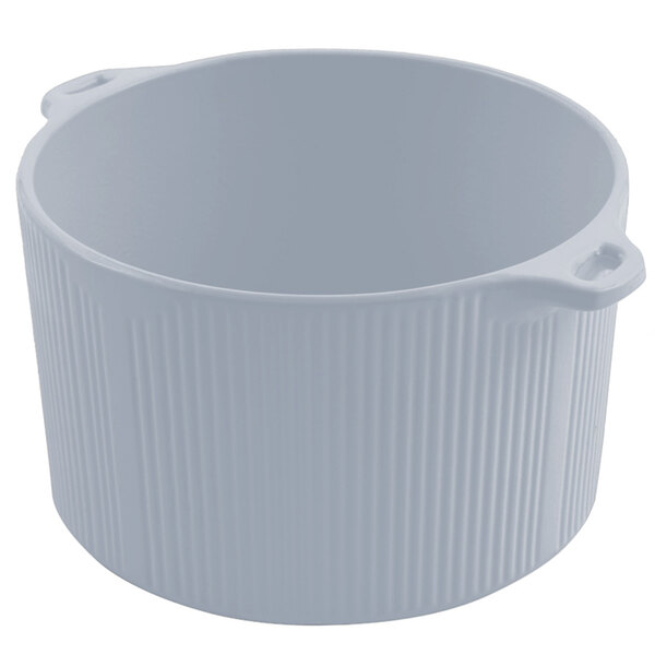 A white round pot with two handles.