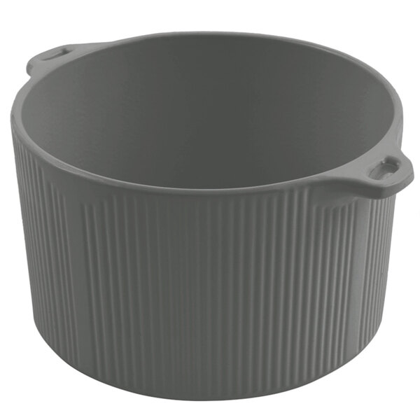 A grey pot with two handles.