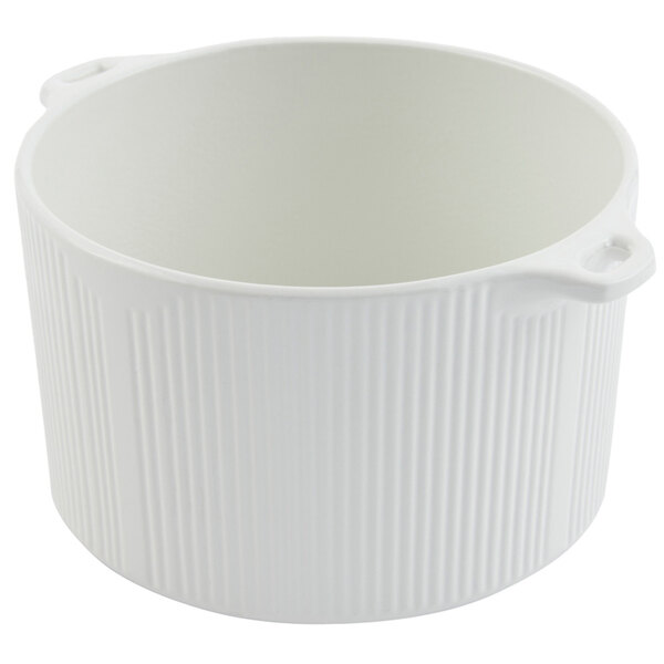 A white pot with handles.