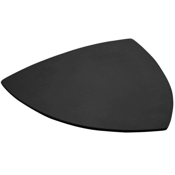 A black triangle shaped Bon Chef cast aluminum plate with a curved edge.