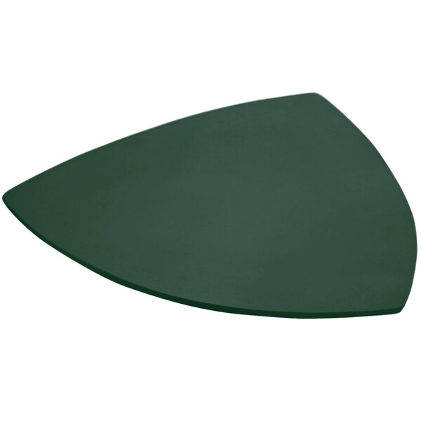 A Bon Chef triangle shaped cast aluminum plate with a hunter green sandstone finish.