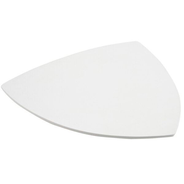 A white triangle shaped Bon Chef cast aluminum plate with a white sandstone finish.