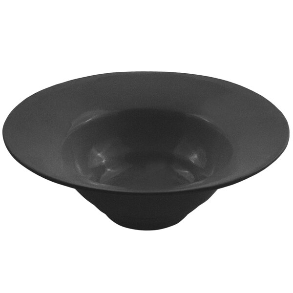 A black Bon Chef wide rim bowl with a speckled finish.