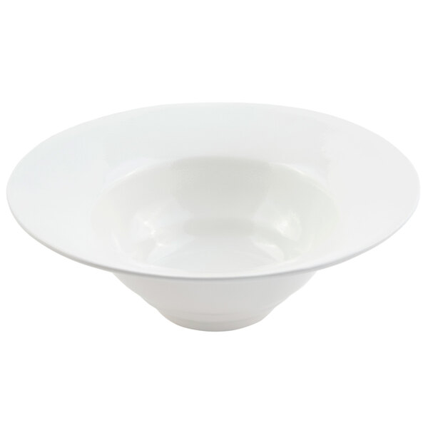 A white Bon Chef wide rim bowl on a white surface.