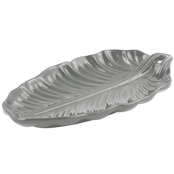 A gray Bon Chef cast aluminum leaf platter with a sandstone finish.