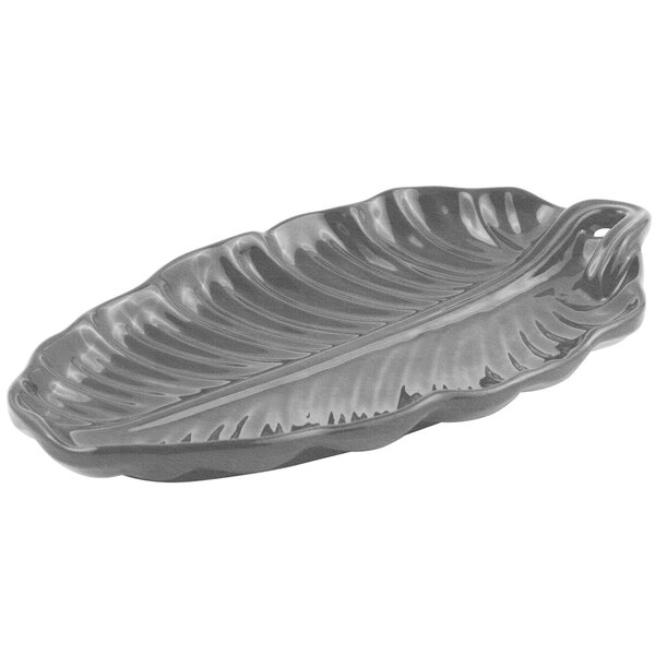 A gray Bon Chef leaf platter with a sandstone finish.