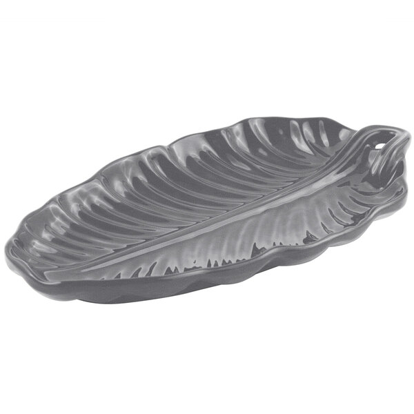 A smoke gray leaf shaped cast aluminum platter with a sandstone finish.