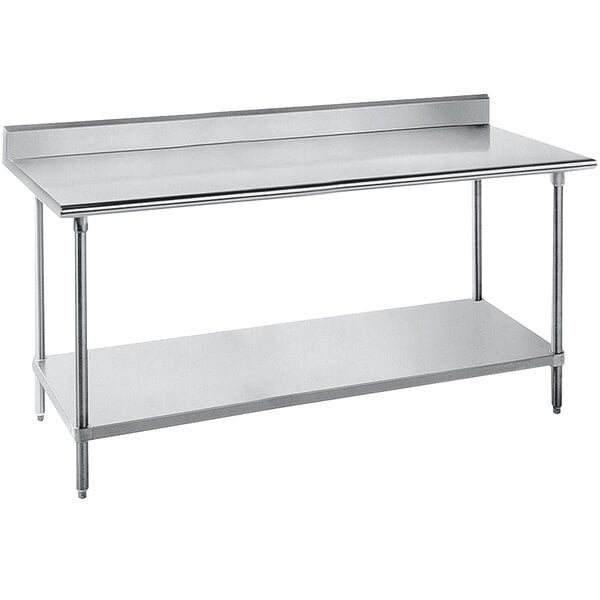 An Advance Tabco stainless steel work table with undershelf on a counter.