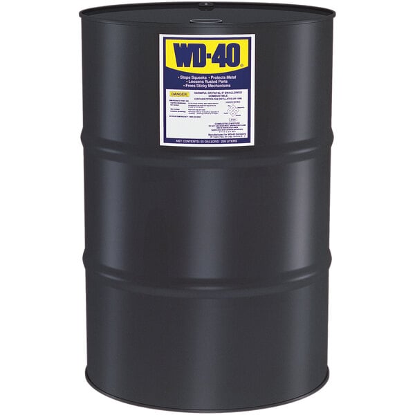 A black barrel of WD-40 Heavy Duty Lubricant with a white label.