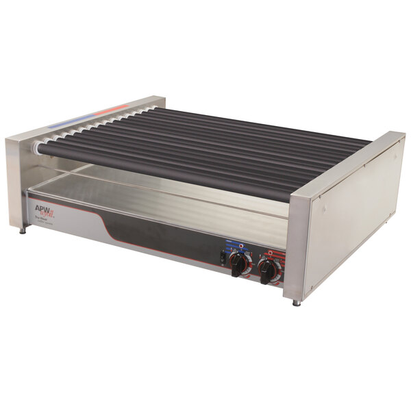 An APW Wyott hot dog roller grill with black rollers on a counter.