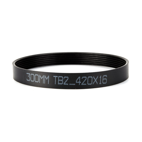 A black rubber belt with white text that reads tbx42x4.