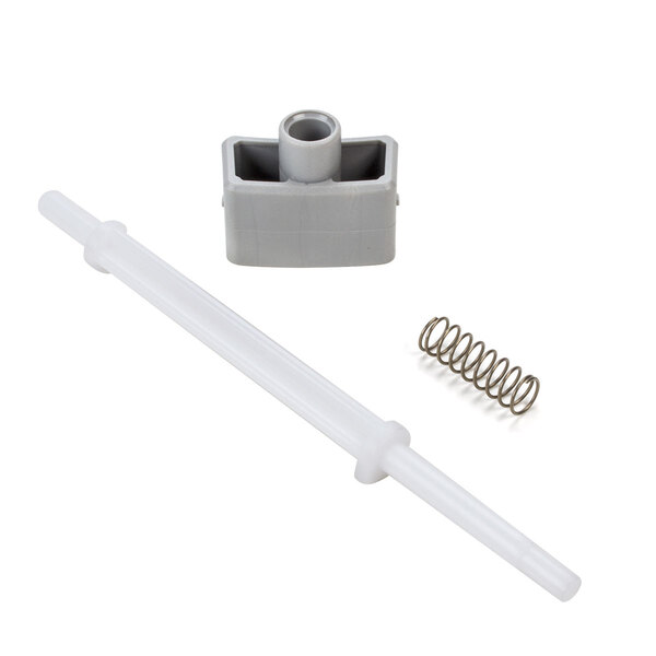 A Robot Coupe replacement bowl pin assembly with a white plastic screw and spring.