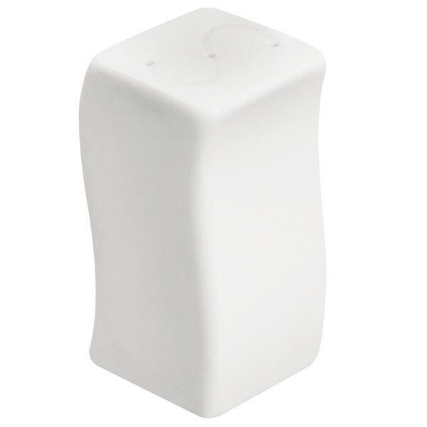 A white square CAC Soho stoneware salt shaker with curved edges.