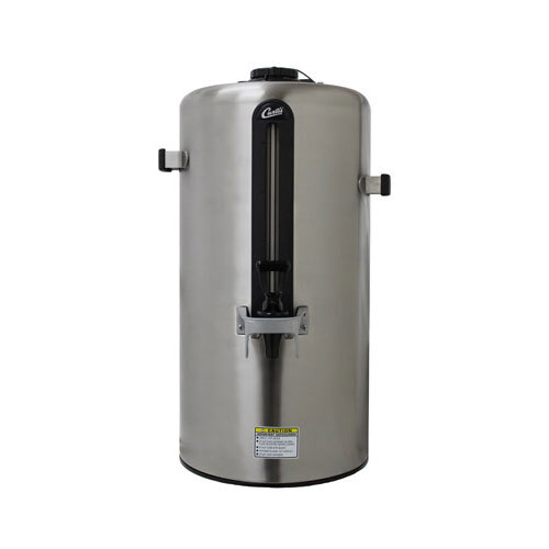 A stainless steel Curtis Omega 3 gallon coffee dispenser with a black lid.