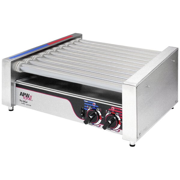 An APW Wyott hot dog roller grill on a counter.