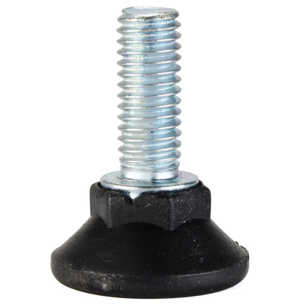 A black and silver screw with a black rubber base.