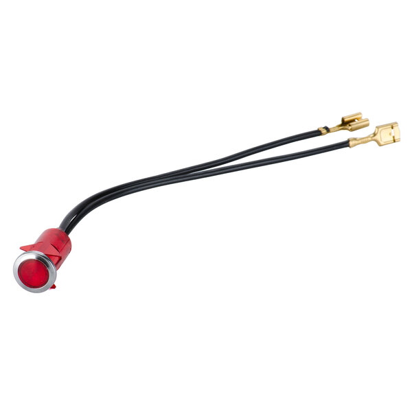 A red and black cable with a gold connector and a close-up of a red light.