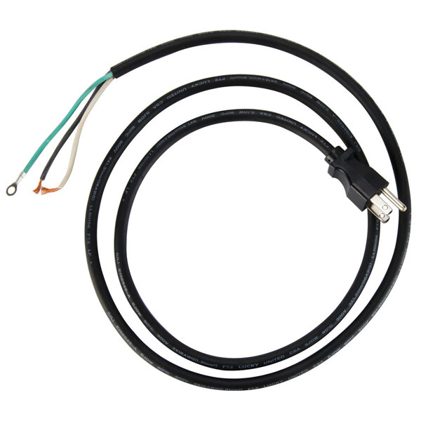 A black electrical cord with a white plug and orange wire.