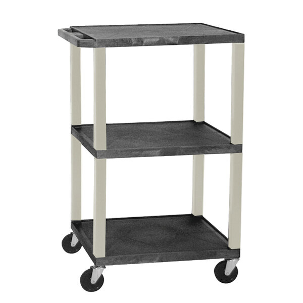 A black Luxor Tuffy A/V cart with three shelves and wheels.