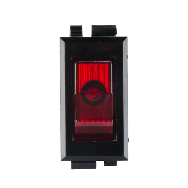 A red rectangular light switch with a black rocker on a white background.