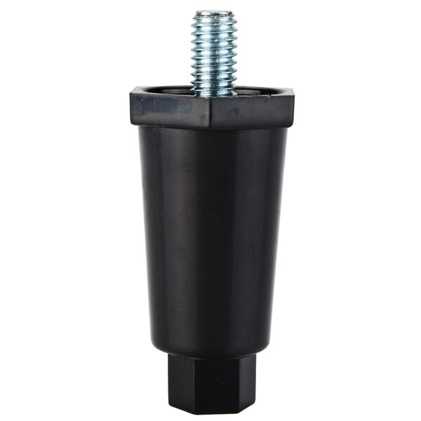 A black plastic screw with a blue bolt.
