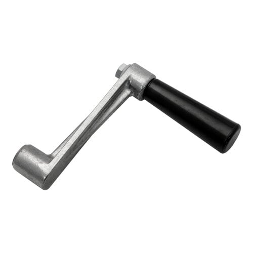 A metal crank with a black handle.