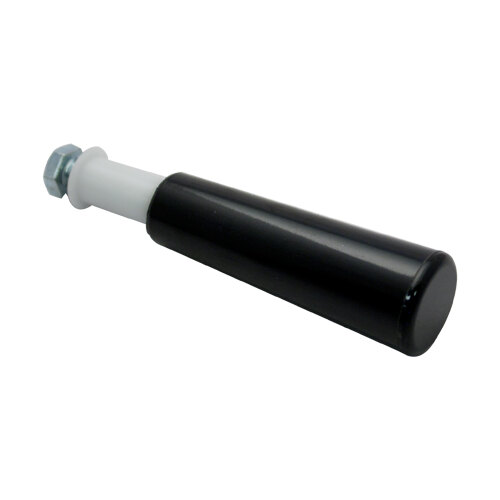 A black and white plastic cylinder with a black and white metal cap.