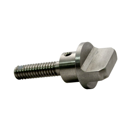 A close-up of a stainless steel screw with a nut on it.