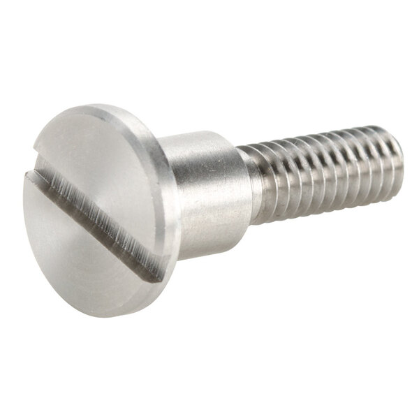 A close-up of a stainless steel shoulder screw with a screw head.