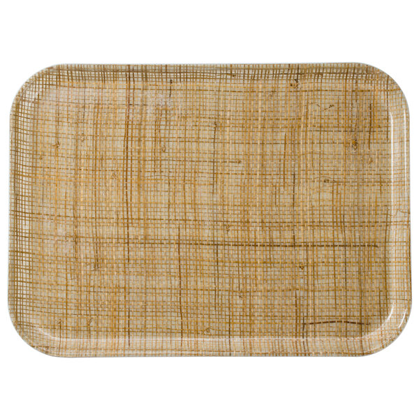 A rectangular Cambro tray with a woven rattan surface.