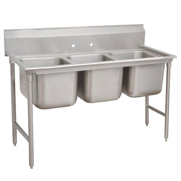 A stainless steel Advance Tabco three compartment pot sink.