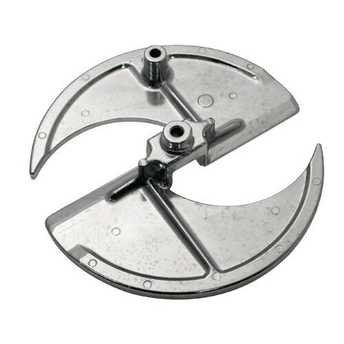 A metal circular Nemco Easy Slicer plate with two holes.