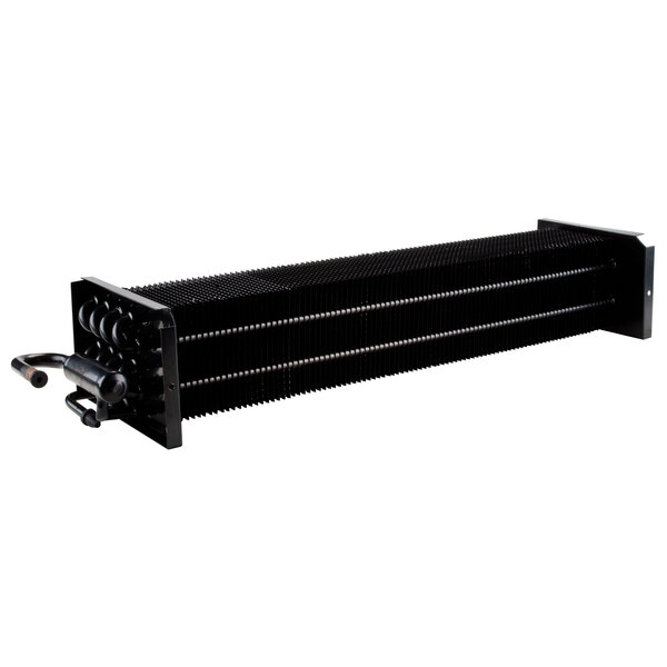 An Avantco evaporator coil, a black rectangular metal object with a couple of tubes.