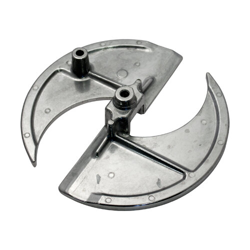 A metal Nemco Easy Slicer plate with two circular holes and screws.