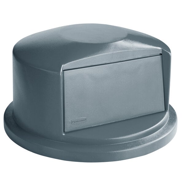 A Rubbermaid gray plastic dome top for a 32 gallon commercial trash can.