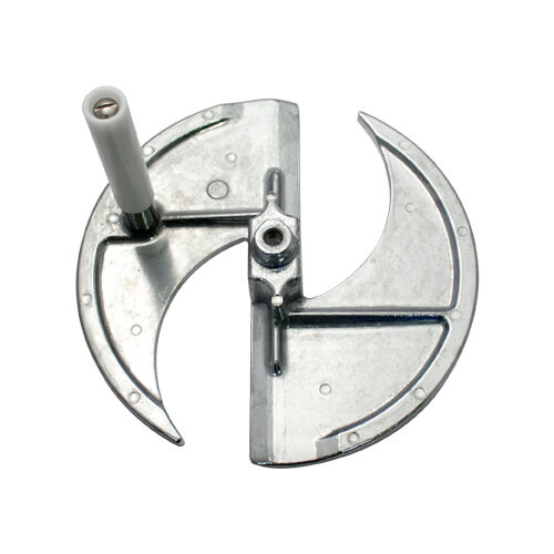 A metal circular plate with a white handle.
