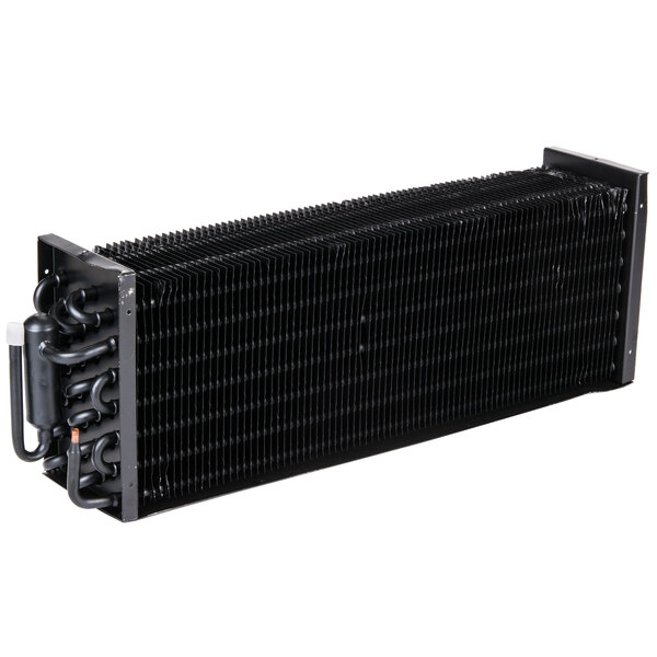 An Avantco black metal evaporator coil with black pipes on a white background.