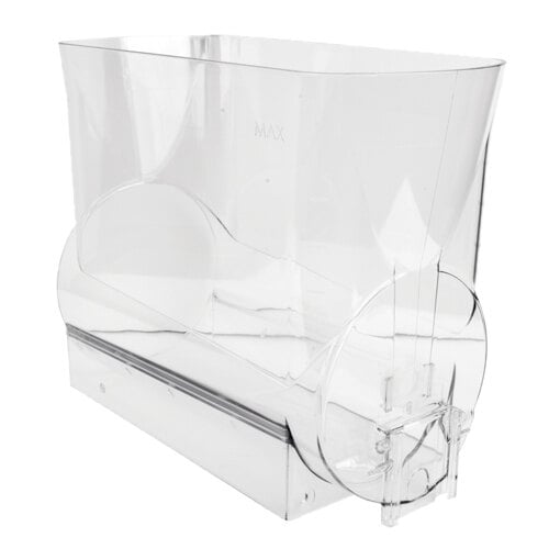 A clear plastic container with a metal handle for a Bunn slushy machine.