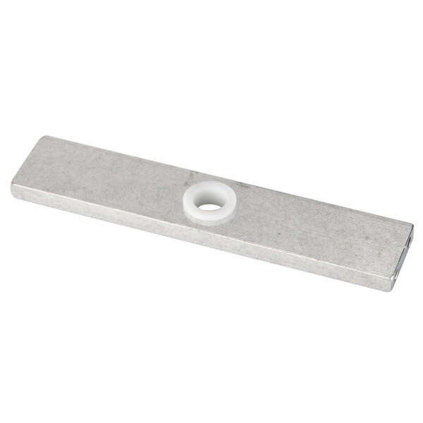 A white rectangular metal bar with a hole in the middle.
