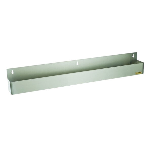 A white rectangular metal shelf with two holes in it.