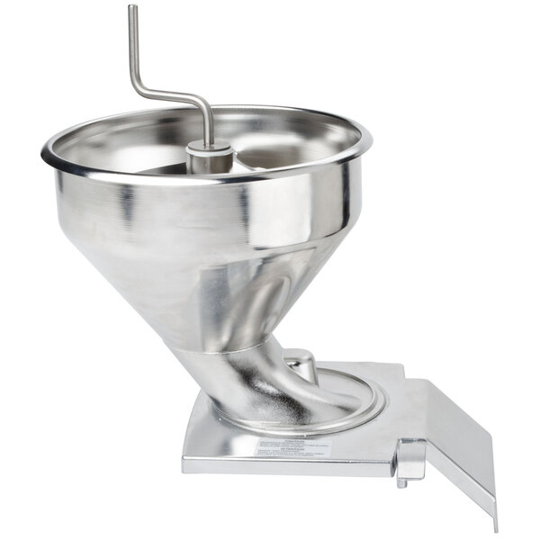 A silver metal funnel with a handle.
